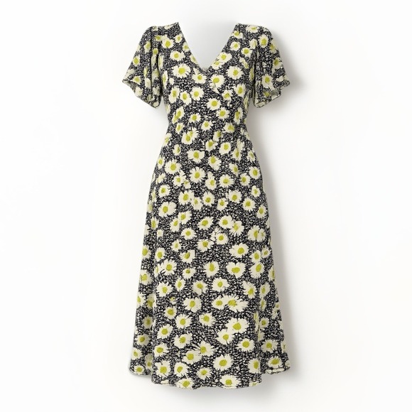 George Dresses & Skirts - 90s Daisy Floral Midi Dress 12 Black White Cottagecore Feminine Flutter Sleeve